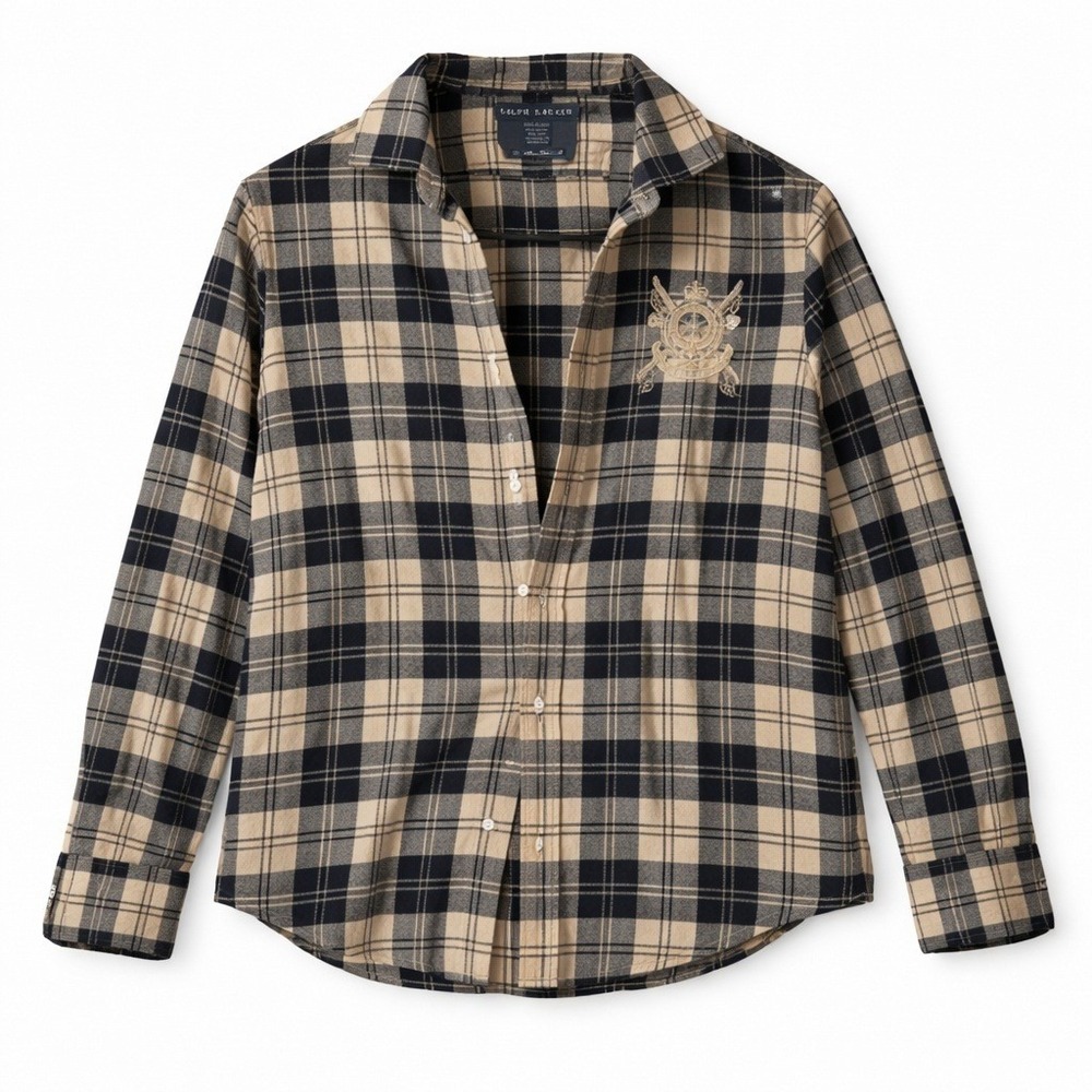 Ralph Lauren Cotton Wool Plaid Slim Fit Shirt Beaded Crest Brown Preppy Academia - Picture 3 of 11